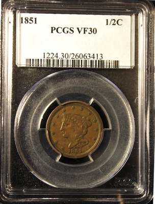 1851 Coronet Half Cent PCGS VF30 NICE - Image 1 of 2