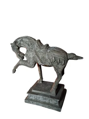 Vintage MCM Chinese Tang Dynasty Style War Horse Figure 11.5” Heavy Plaster Gray - Image 1 of 4