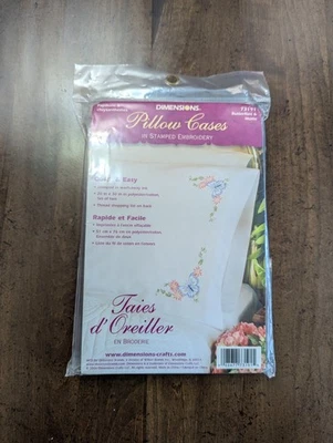 Pkg DIMENSIONS #73191 Stamped Pillowcases w/Butterflies & Mums x Hand Embr, NEW - Image 1 of 2