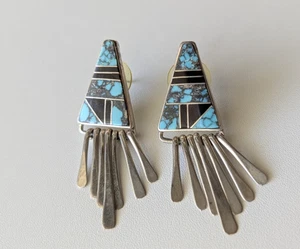 Vintage Calvin Begay Navajo Sterling Silver Turquoise & Jet Inlay Dangle Earring - Picture 1 of 6
