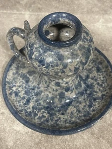 Vintage Colonial Style Farmhouse Country Blue Beige Ceramic Candlestick Holder - Picture 1 of 7
