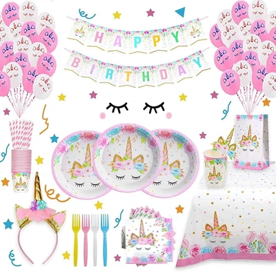 Suministros de fiesta de cumpleaños para niñas que incluyen platos tazas pajitas mantel para rosa B Foto 1 de 4