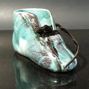 Vintage Blue/Black Glaze Baby Bootie Planter Shoelaces Birth Shower Christening - Picture 1 of 7