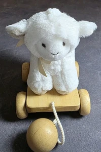 Piccolochic Plush Lamb Baby Pull Toy Wood Wheels Brown Cream Polka Dot Nursery - Picture 1 of 7