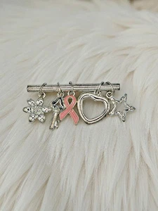 Breast Cancer Charm Brooch Bar Pin Ribbon Charm Inspirational Pink Silver Heart - Picture 1 of 7