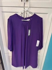 Neu NY&C Eva Mendes einfarbiges lila Modekleid Lg 3/4 Ärmel Reißverschluss hinten - Bild 1 von 3