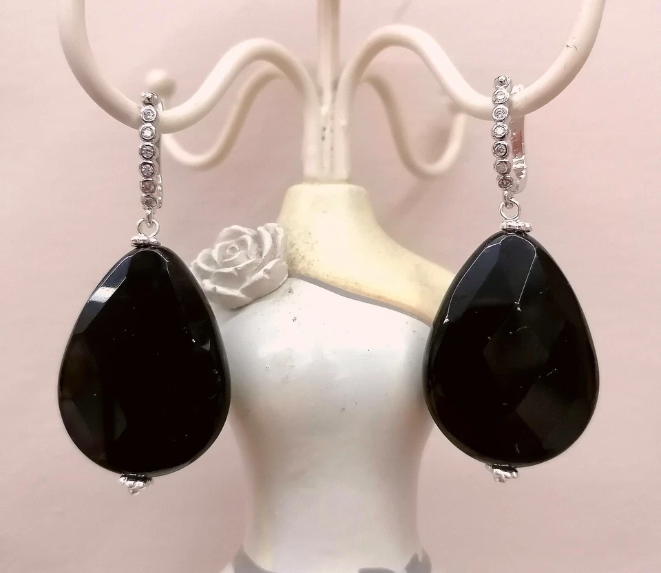 Orecchini Argento 925 Zirconi E Onice Nero - Immagine 1 di 1