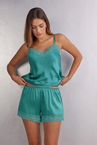 Intimissimi Lace Mulberry Silk Cami Top Shorts Pajamas Set Lagoon Blue Teal XS/S - Picture 1 of 12