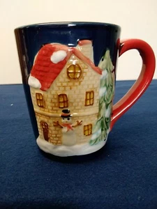 Winter/Christmas Coffee Mug Blue with Red Handle and Snowman Stands 4 Inches - Picture 1 of 8