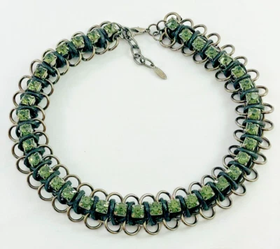 Colar Gargantilha NATASHA Verde Strass Couro Preto Roscado Gunmetal - Imagem 1 de 4