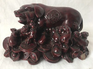 Chinese Pig Coin Figurine Statue Feng Shui Wealth Yuanbao Red Resin Piglet Money - Picture 1 of 12