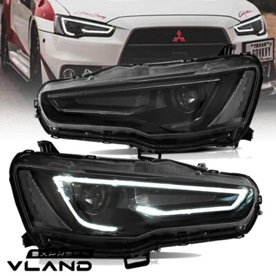 ALL BLACK Headlights For 08-20 MITSUBISHI LANCER/EVO X CJ CF DRL Set Front Lamps - image 1 of 4