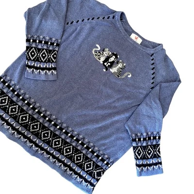 Quacker Factory Women's Blue Cat Embroidered Fair Isle Sweater 1X - Image 1 of 4