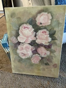 Vintage Oil Painting Handpainted Pink Roses 12x16 Canvas - Picture 1 of 3