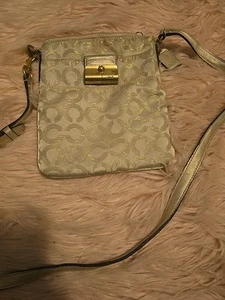 Coach Womens Messenger Bag Beige Gold , Zipper Detachable Strap - Picture 1 of 12