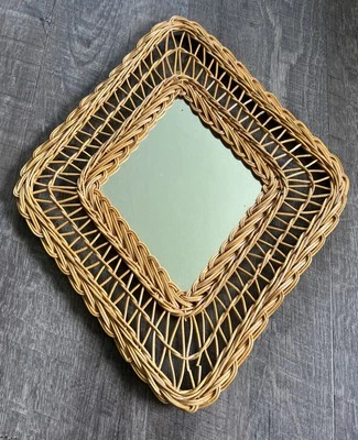 Vtg Rattan Wall Mirror 18”x15”  Diamond Wicker Frame Boho Cottage Retro MCM - Image 1 of 4