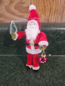 VTG Christmas Chenille Santa Holding Christmas Tree & Glass Ornament 5" - Picture 1 of 5