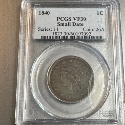 1840 centavo de cabelo trançado data pequena VF30 PCGS - Imagem 1 de 4