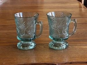 INDIANA GLASS TIARA PONDEROSA PINE GREEN PEDESTAL MUGS LOT OF 2 VINTAGE 4 1/2" - Picture 1 of 8