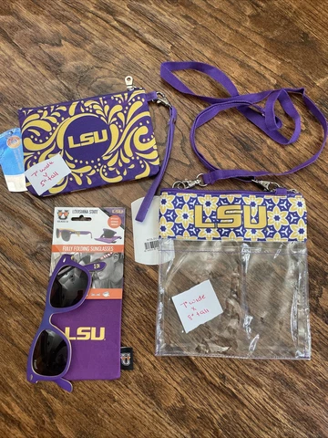 LSU Tigers CLEAR Crossbody Purse, wristlet And Folding Sunglasses!  All New With Cover