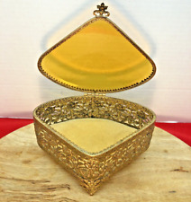 Antique Gold Filigree Jewelry Box Trinket Amber Beveled Glass Velvet Lining NICE