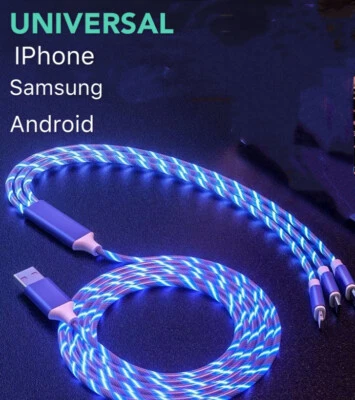 Universal LED Light-up Flashing USB Charging Cable Cord 3 in 1 Multi Function  - Image 1 of 4