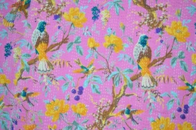 Pink Bird Print kantha Quilt Indian Handmade Floral King Size Blanket Bedspread - Image 1 of 4