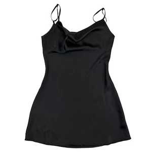 Sans Souci Negro Satén Vestido Cortina Capucha Cuello Espagueti Correa Talla M - Imagen 1 de 7