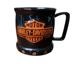 HARLEY-DAVIDSON Motor Cycles 3D Logo MUG Coffee Cup Silver Studs Orange Black - Picture 1 of 4