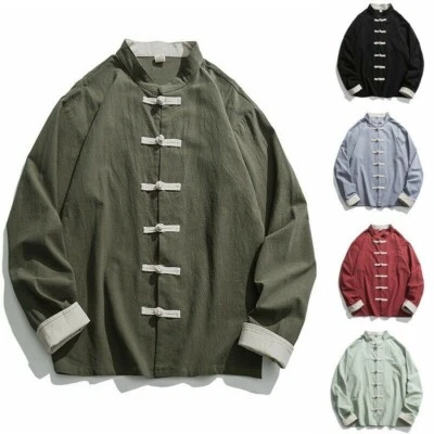 Mens Frog Button Linen Shirt Tang Suit Chinese Kung Fu Vintage Loose Jacket - Image 1 of 4