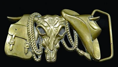 Texas Longhorn Steer Skull Cowboy Hat Saddle Bag Brass Baron Vintage Belt Buckle - Image 1 of 4
