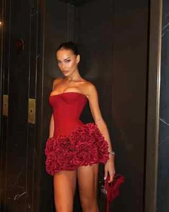 Christmas Dress Strapless Backless Red Structured Floral Embellished Mini Length - Picture 1 of 27