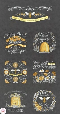 Moda HONEY LAVENDER 56089 17 Charcoa Black Quilt PANEL Deb Strain 24" x 44" BEES - Image 1 of 4