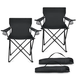Schwarzer faltbarer Campingstuhl 2er Set, übergroße tragbare Rasenstühle mit Tasse H - Bild 1 von 12