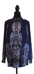 Chicos Size 3/ (XL) Smocked Neck Cuffs Flowy Blouse Blue Brown Polyester - Picture 1 of 6