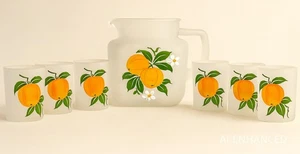Juego de jugo de naranja esmerilado Hazel-Atlas - jarra floral pintada a mano y seis vasos - Imagen 1 de 20