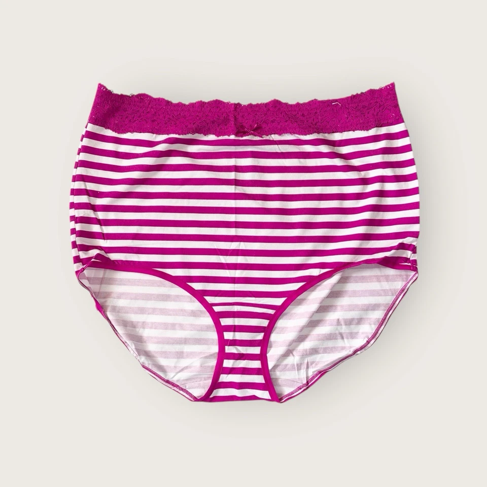 Lane Bryant Cacique Cotton Full Brief Panty Waist Lace 22/24 Pink White Stripe - Image 1 of 1