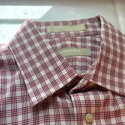 Camisa a cuadros roja Nordstrom 16/34 para hombre 100 % algodón sin arrugas. ¡Ajuste tradicional! Foto 1 de 4