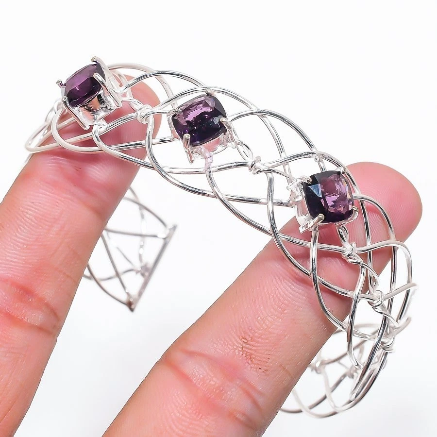 Purple Amethyst Gemstone Handmade 925 Sterling silver Cuff Bracelet Adjustable - Image 1 of 1