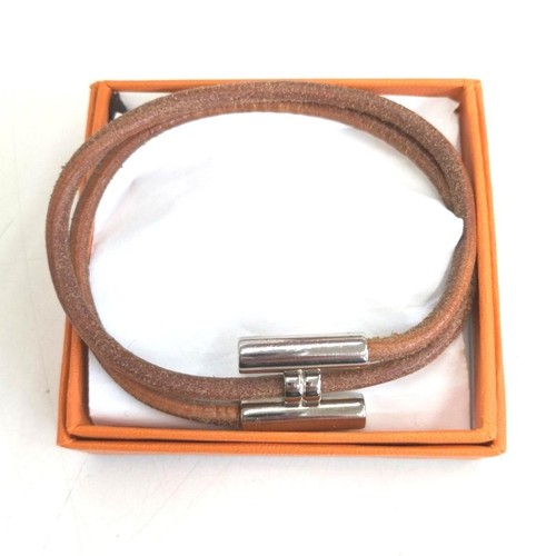 HERMÈS Bracciale doppio avvolgimento HERMES Tournis H pelle marrone tono argento con scatola