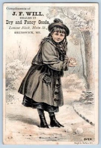 BOLA DE NIEVE BRUNSWICK MAINE JF WILL DRY PRODUCTS GIES LITOGRAFÍA NIÑA TRAVIESA DE 1880 - Imagen 1 de 2