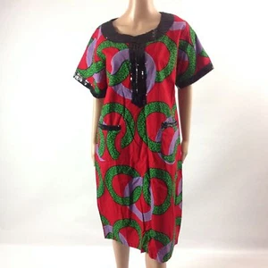 Womens Dress African Kanga Print Ankara Short Dashiki Sleeve Red/Green Size L - Picture 1 of 4