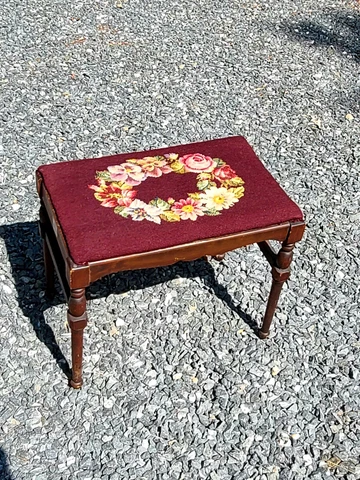 Vintage Needlepoint Red Floral Wooden  Bench Seat. App 22" X13.5" Cover