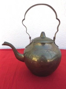 Spherical Teapot With Unusual Handle And Engraved Brass Decorations - Picture 1 of 3