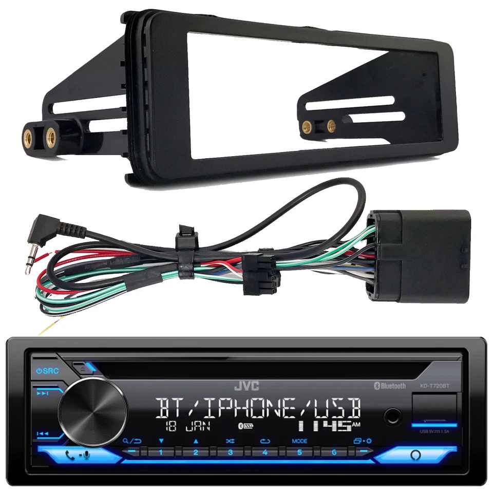 JVC KD-T720BT Bluetooth USB/AUX/AM/FM/CD Receiver, Harley 98-2013 Install Kit - Image 1 of 4