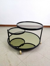 Tavolino Modernariato Anni 70 Tre Piani vetro fumé su ruote, Stile Bauhaus