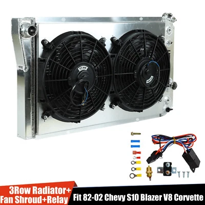 3 Row Radiator+Shroud Fan+Relay For 1982-2002 CHEVY S10 BLAZER 84-90 CORVETTE V8 - Image 1 of 4