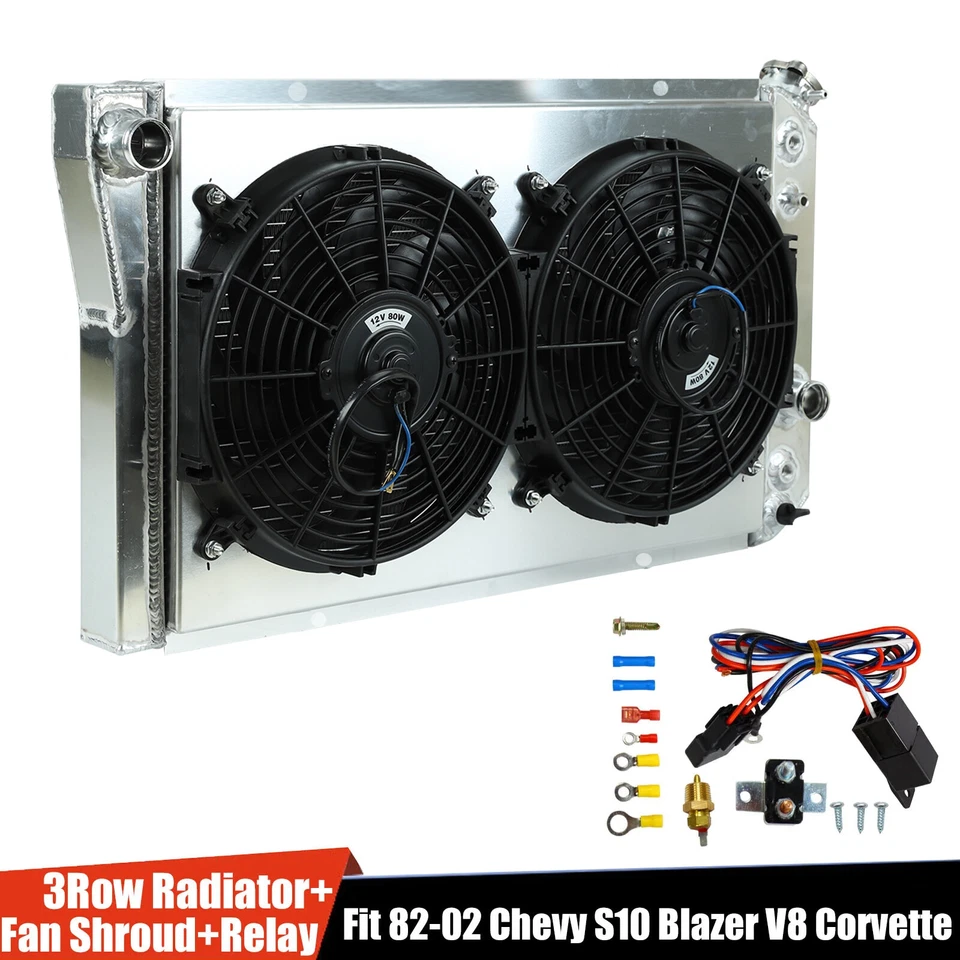 3 Row Radiator+Shroud Fan+Relay For 1982-2002 CHEVY S10 BLAZER 84-90 CORVETTE V8 - Image 1 of 4