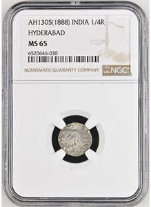 INDIA HYDERABAD 1/4 Rupee 1888, NGC MS 65 Gem UNC / BU, Single Finest TOP POP S3 - Picture 1 of 4