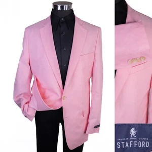 Stafford Mens Blazer Pink Cotton 2 Button Lined Classic Jacket Sport Coat 44L - Picture 1 of 12